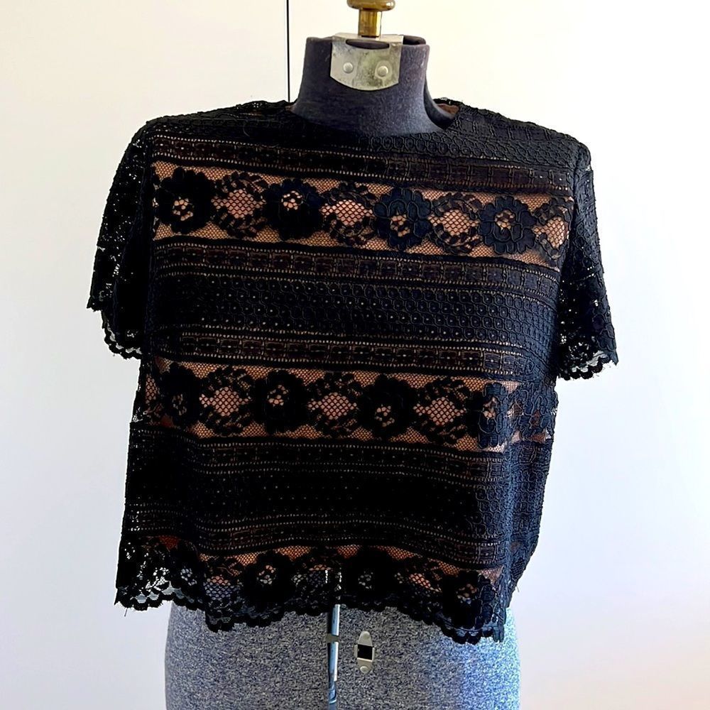 Short lace top with skin tone liner and lace sleeves Sz M from H&M - really cute